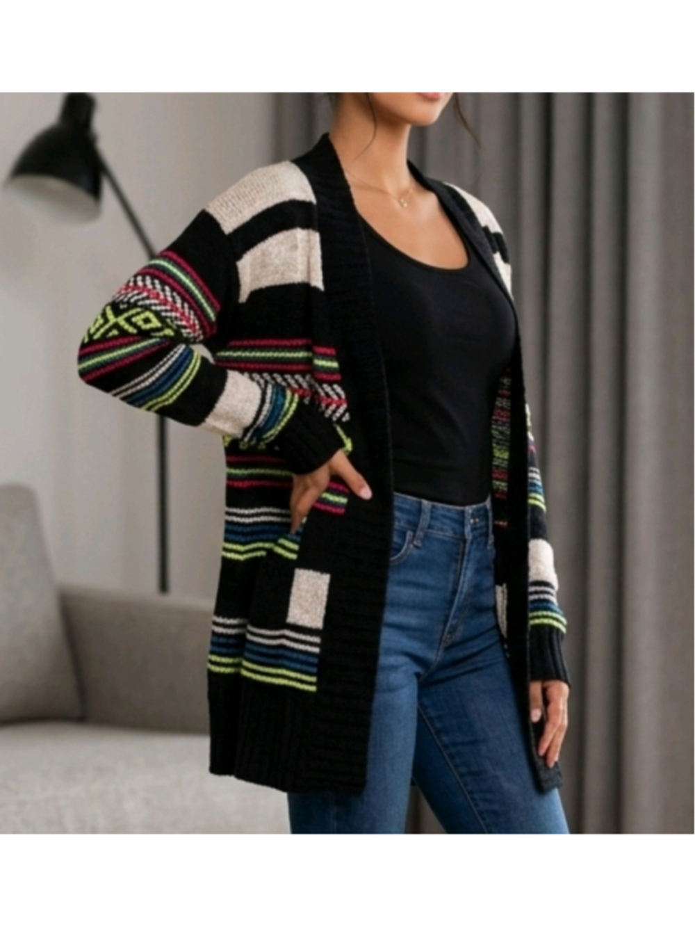 Vintage Y2K 2000's Wet Seal Open Cardigan Sweater XL Black White Neon Geometric